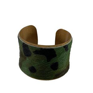 Bracelet Green Black Brown Camo Pattern Calf Hair Over Brass Open Cuff 2" Wide